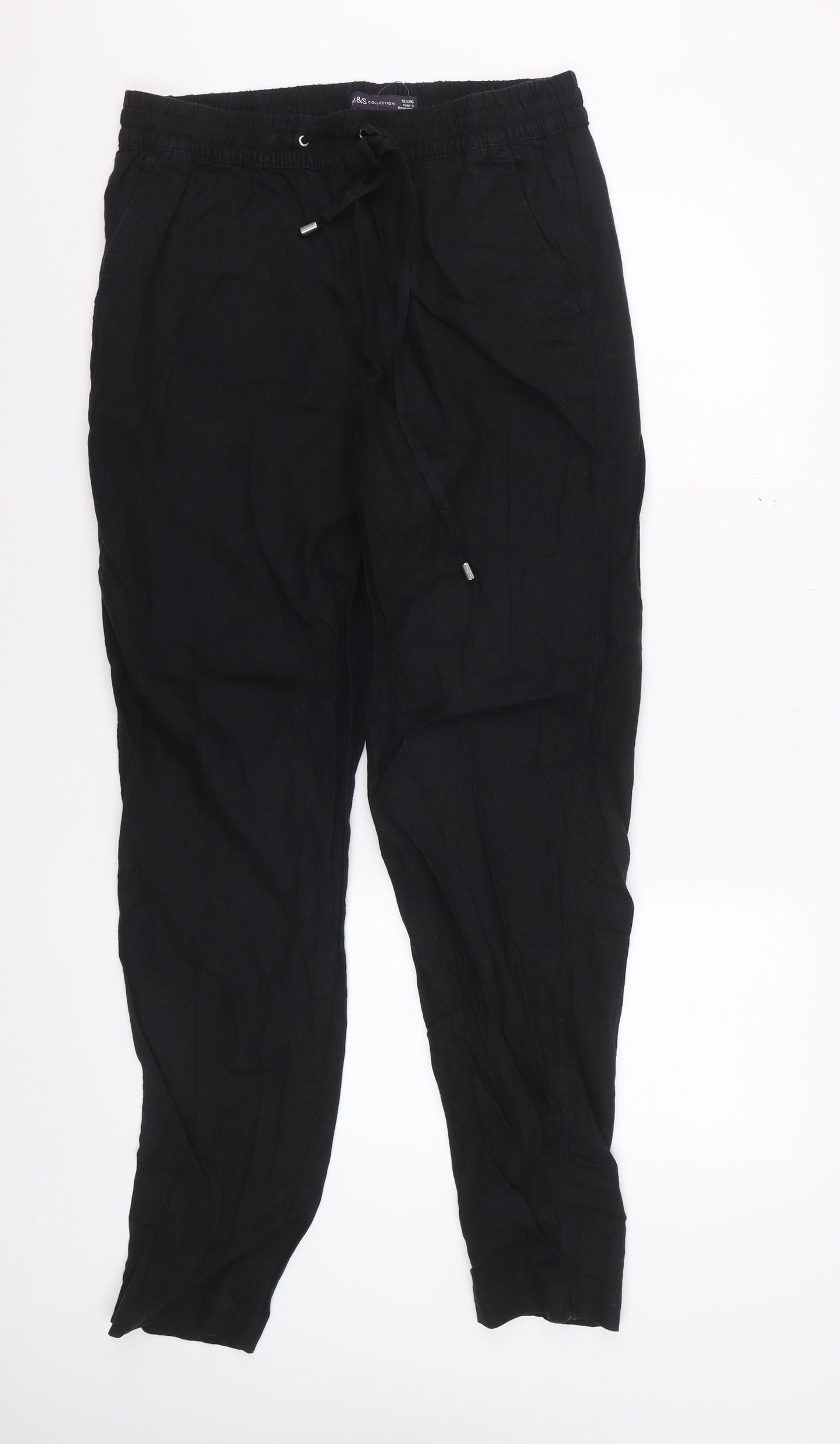 Marks and Spencer Women’s Black Linen Blend Drawstring Trousers Size 12