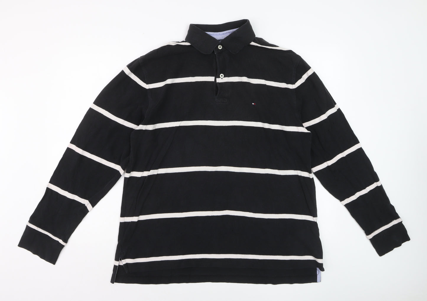 Tommy Hilfiger Men's Black Striped Long Sleeve Polo Shirt L