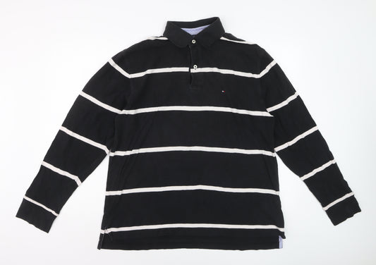 Tommy Hilfiger Men's Black Striped Long Sleeve Polo Shirt L