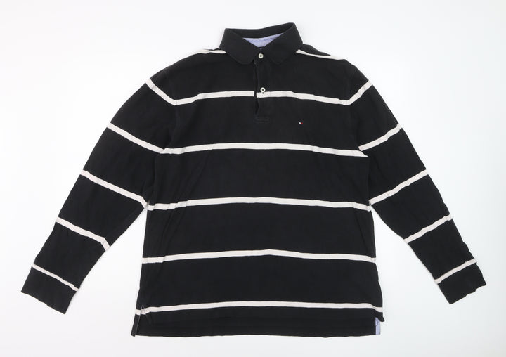 Tommy Hilfiger Men's Black Striped Long Sleeve Polo Shirt L