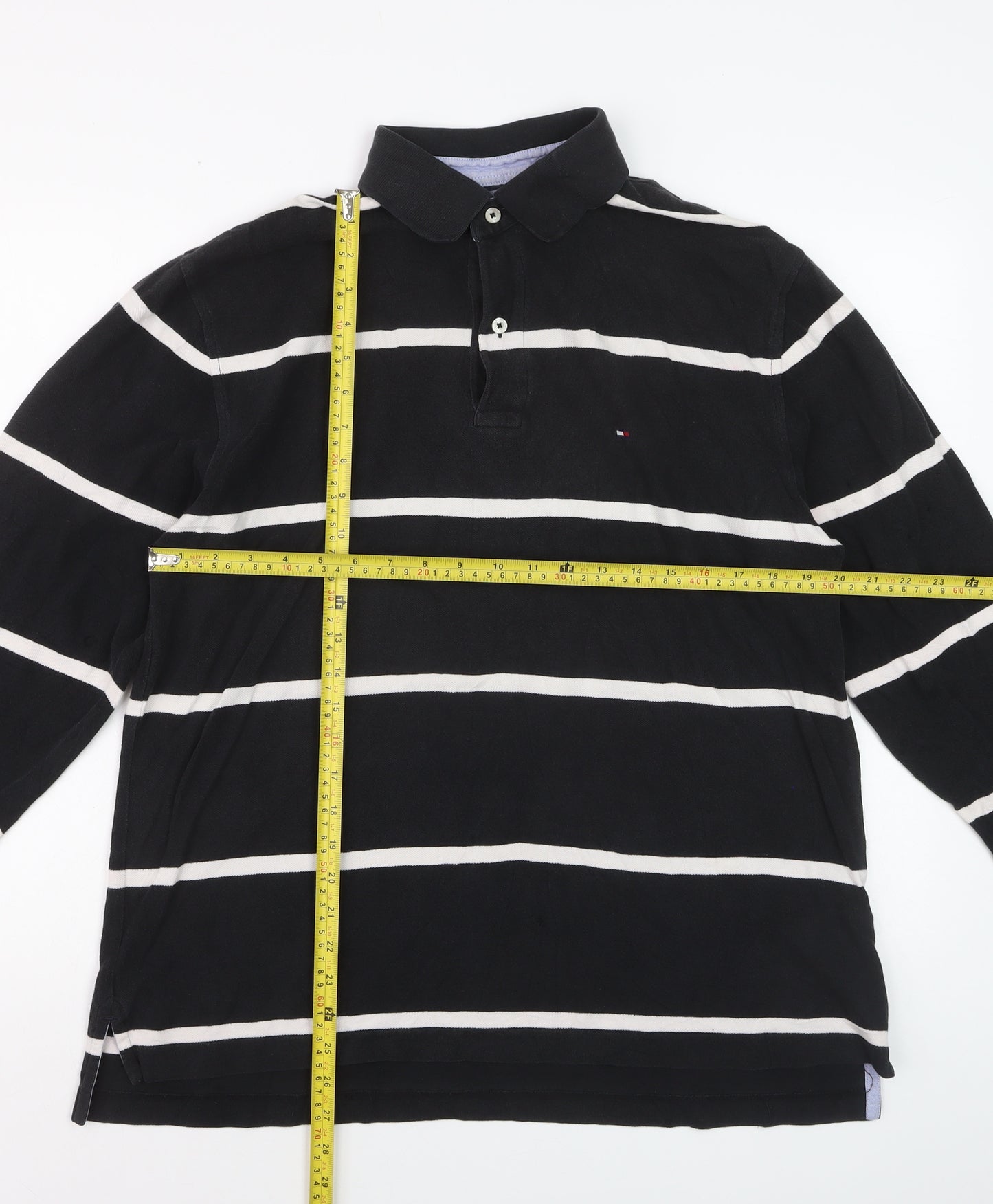 Tommy Hilfiger Men's Black Striped Long Sleeve Polo Shirt L