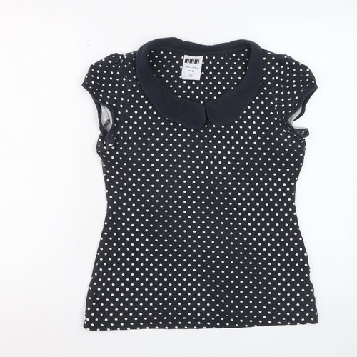 Next Women Blue Polka Dot Collared Short Sleeve Cotton T-Shirt Size 14