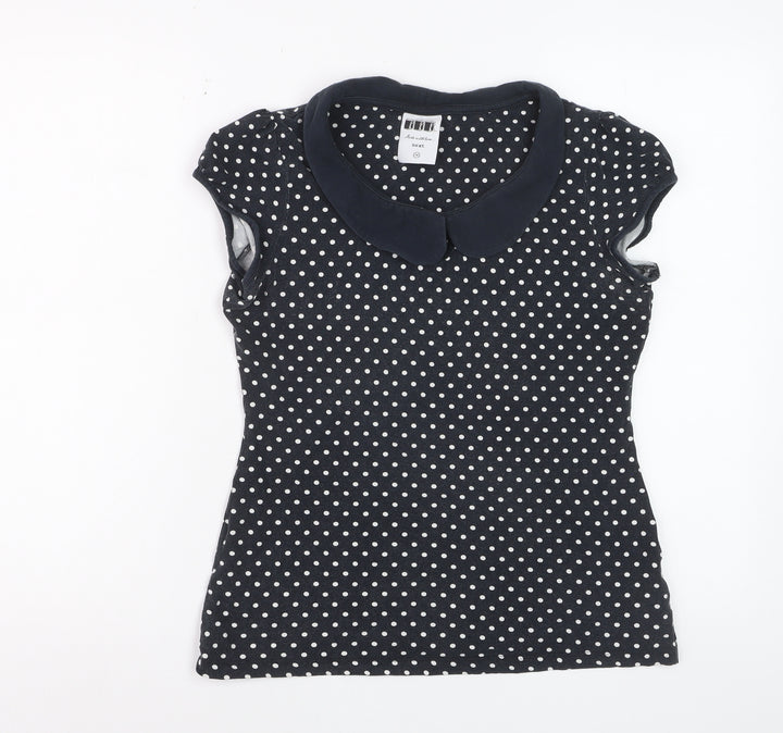Next Women Blue Polka Dot Collared Short Sleeve Cotton T-Shirt Size 14