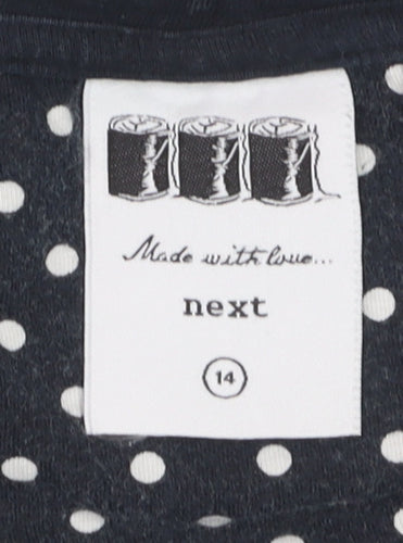 Next Women Blue Polka Dot Collared Short Sleeve Cotton T-Shirt Size 14