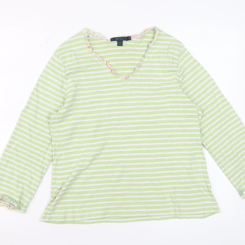 Boden Women Green Striped Long Sleeve Cotton V-Neck Top L