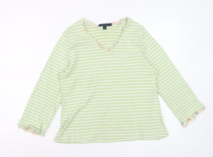 Boden Women Green Striped Long Sleeve Cotton V-Neck Top L