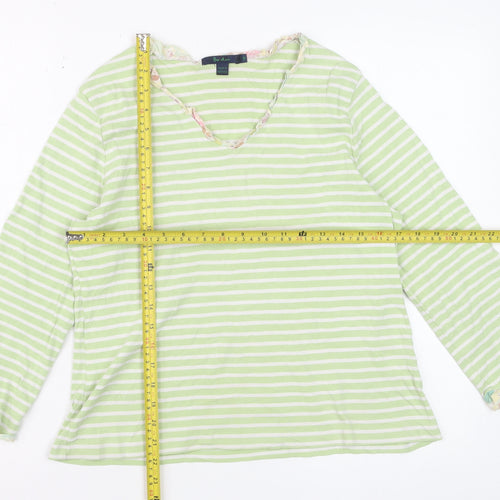 Boden Women Green Striped Long Sleeve Cotton V-Neck Top L