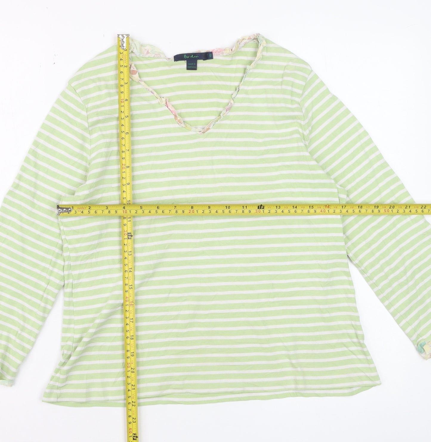 Boden Women Green Striped Long Sleeve Cotton V-Neck Top L