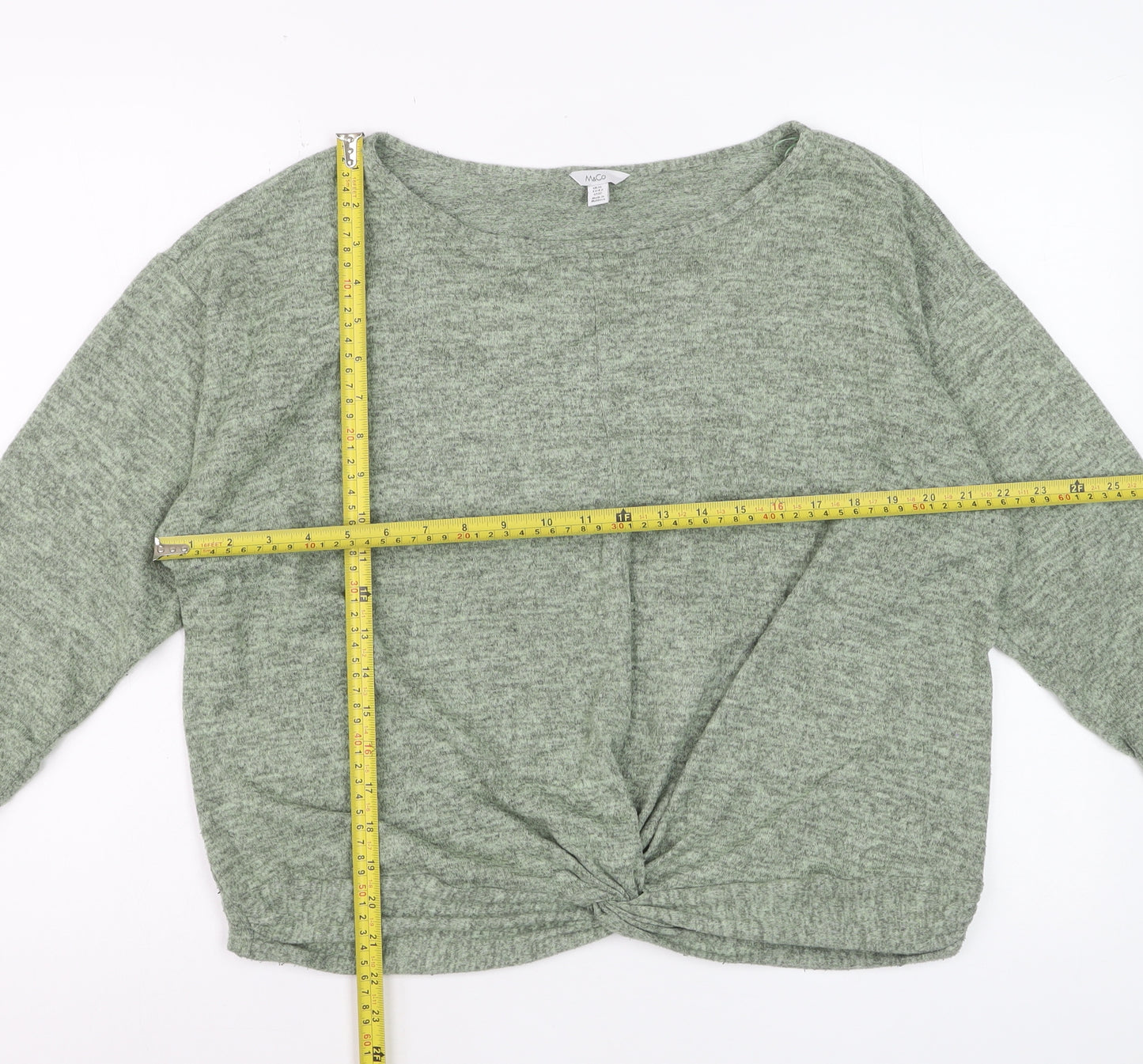 M&Co Women’s Green Long Sleeve Knot Front Jersey Top Size 16