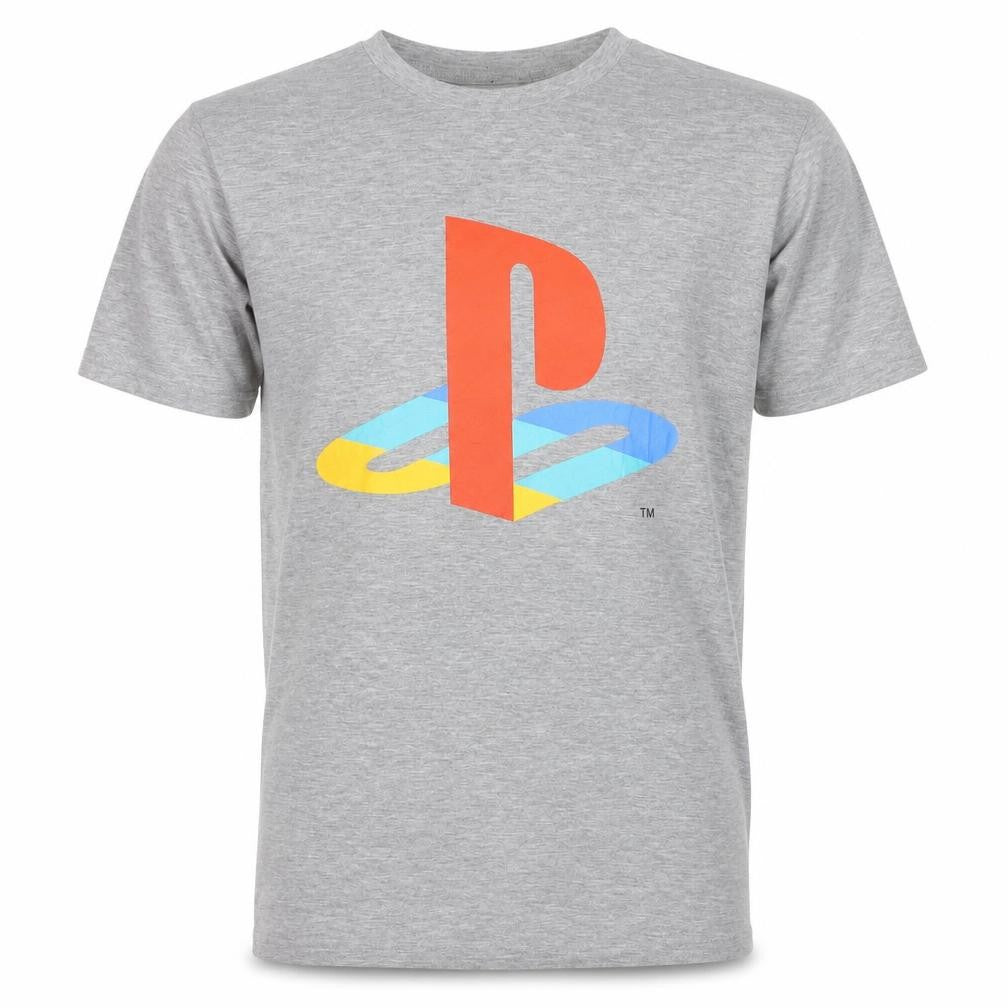 Front view of PlayStation Men's Grey Graphic Logo T-Shirt, size L, Regular Fit