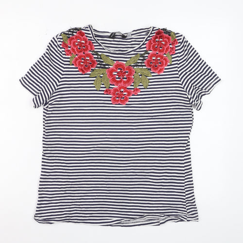 Dorothy Perkins Women Blue Striped Embroidered Floral Cotton T-Shirt Size 14