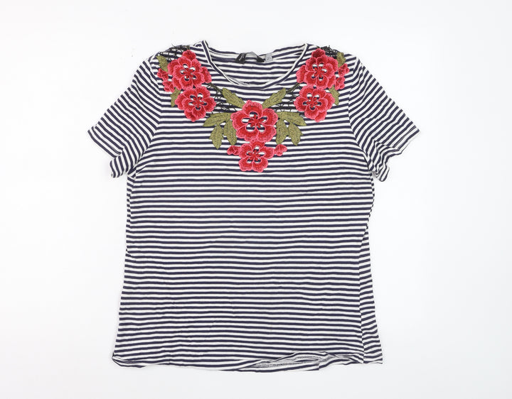 Dorothy Perkins Women Blue Striped Embroidered Floral Cotton T-Shirt Size 14