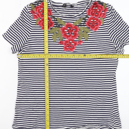 Dorothy Perkins Women Blue Striped Embroidered Floral Cotton T-Shirt Size 14