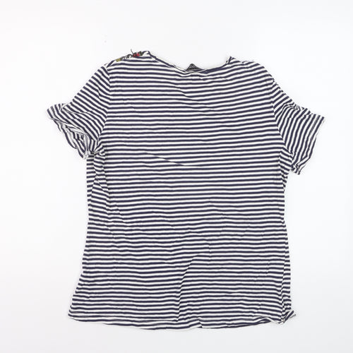 Dorothy Perkins Women Blue Striped Embroidered Floral Cotton T-Shirt Size 14