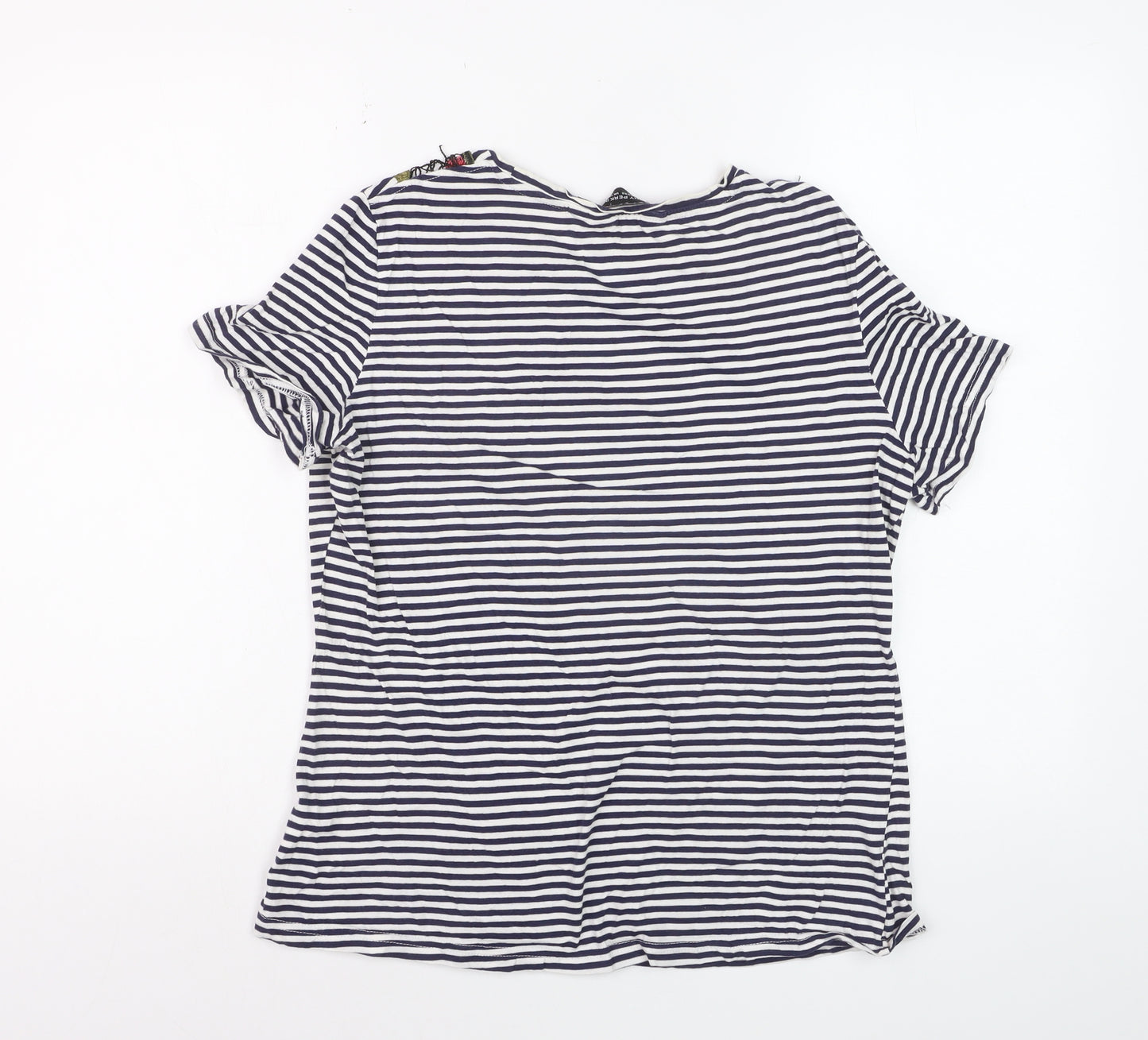 Dorothy Perkins Women Blue Striped Embroidered Floral Cotton T-Shirt Size 14
