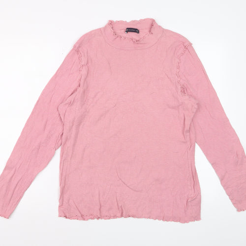 Marks and Spencer Women Pink Ruffle Mock Neck Long Sleeve Cotton Top Size 22