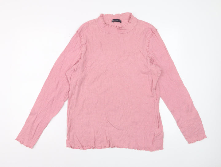 Marks and Spencer Women Pink Ruffle Mock Neck Long Sleeve Cotton Top Size 22