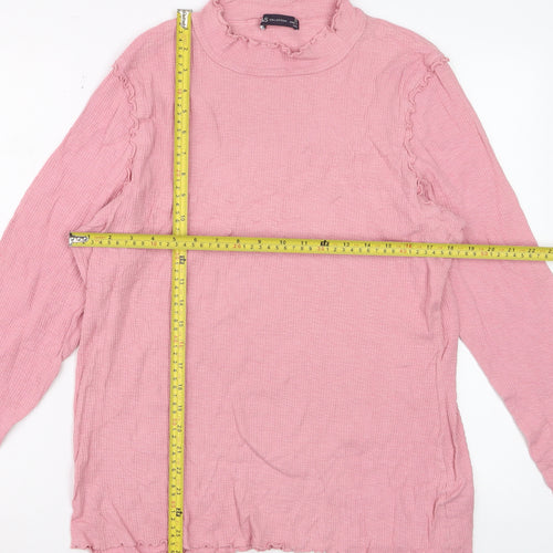 Marks and Spencer Women Pink Ruffle Mock Neck Long Sleeve Cotton Top Size 22