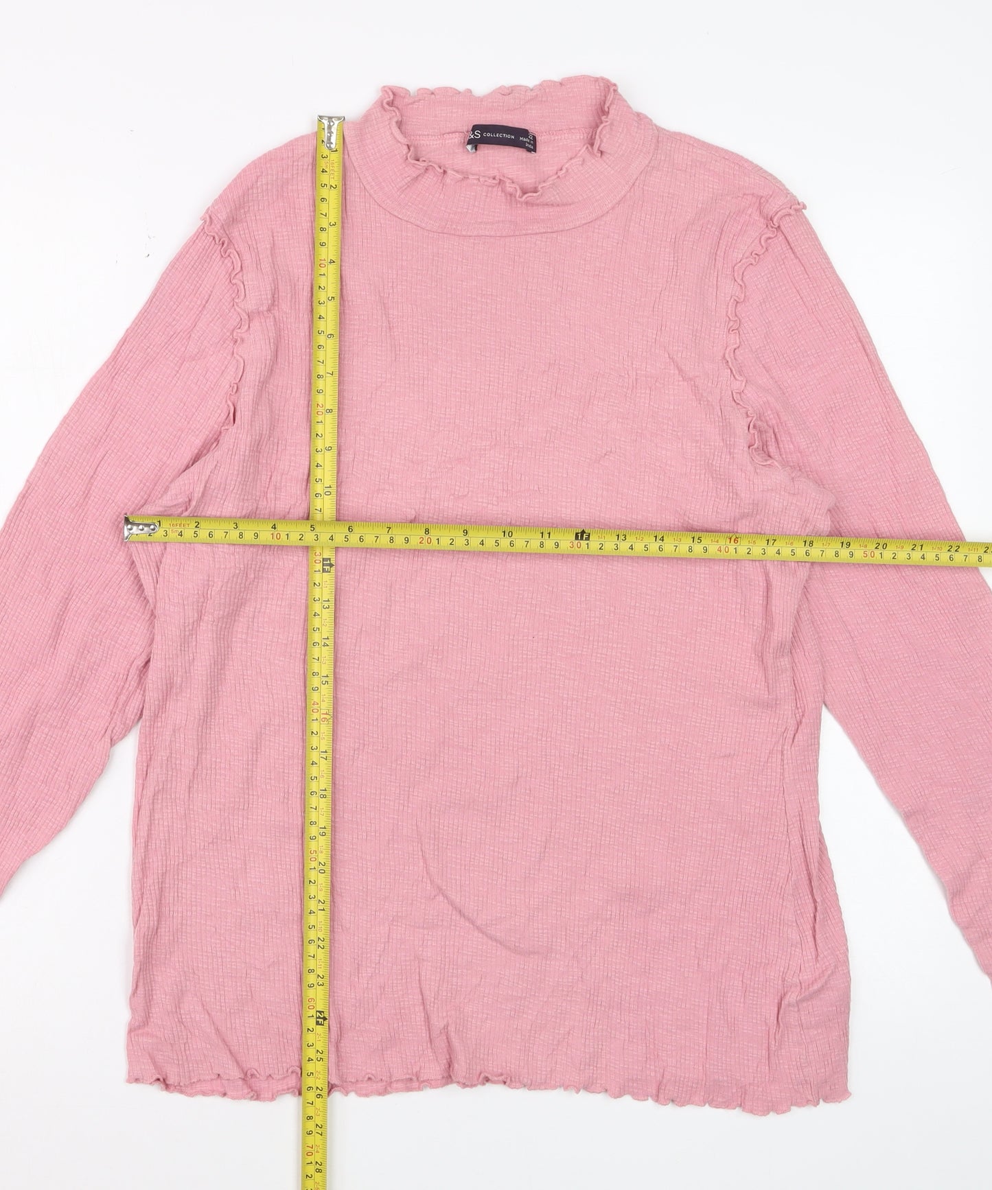 Marks and Spencer Women Pink Ruffle Mock Neck Long Sleeve Cotton Top Size 22