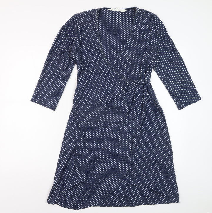 Braintree Women Blue Polka Dot Wrap Dress Size S 3/4 Sleeve V-Neck