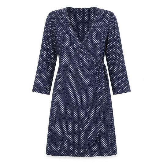 Front view of Braintree Women Blue Polka Dot Wrap Dress, size S, 3/4 Sleeve V-Neck