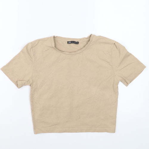ZARA Women Beige Cropped Crew Neck Cotton T-Shirt Size 12