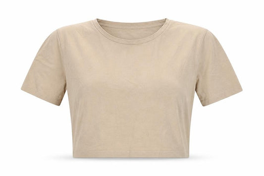 Front view of Zara Women Beige Cropped Crew Neck Cotton T-Shirt, size 12