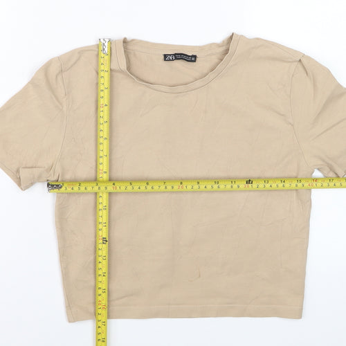 ZARA Women Beige Cropped Crew Neck Cotton T-Shirt Size 12