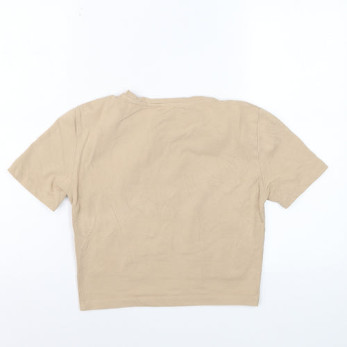 ZARA Women Beige Cropped Crew Neck Cotton T-Shirt Size 12