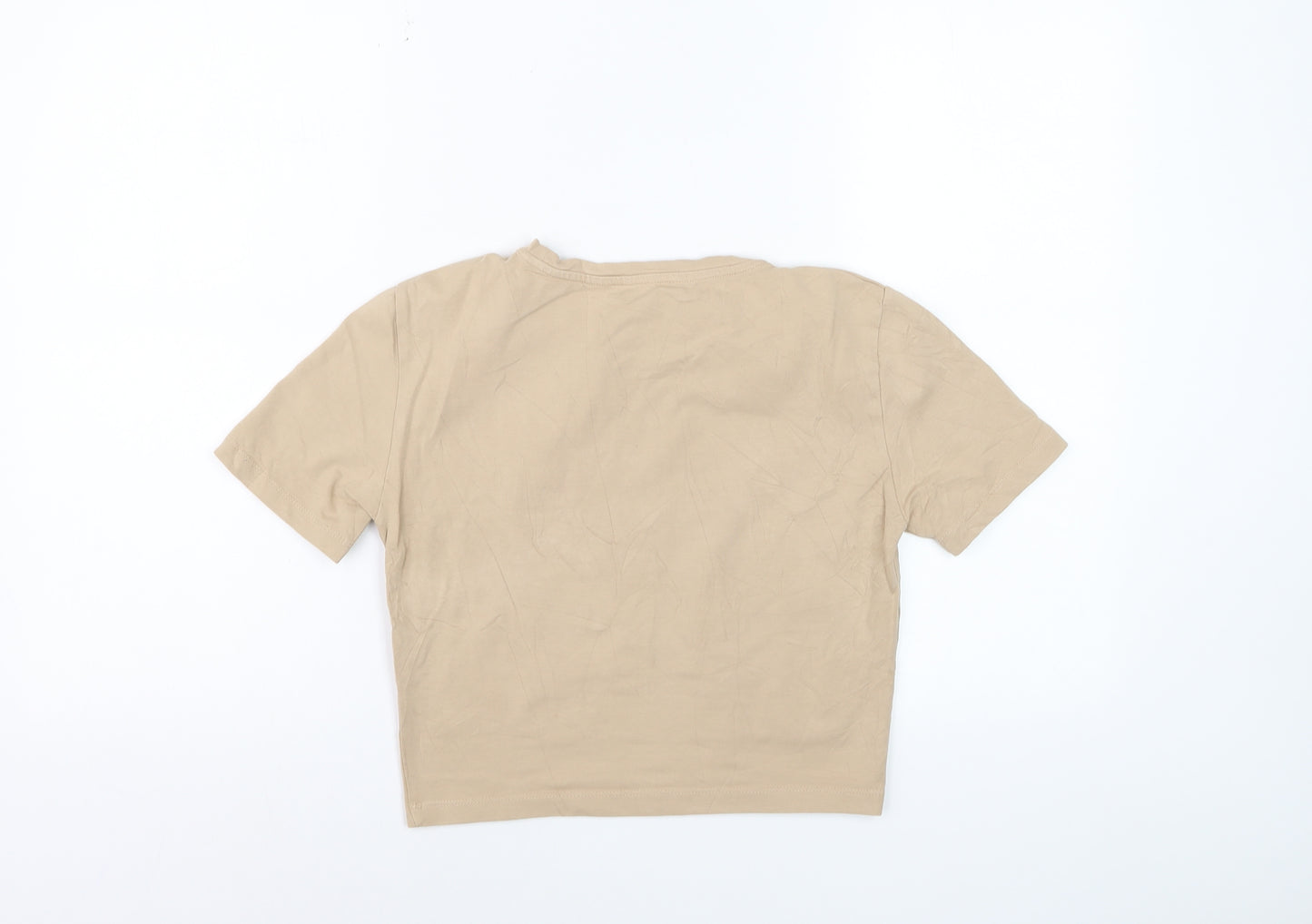 ZARA Women Beige Cropped Crew Neck Cotton T-Shirt Size 12