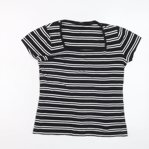 M&Co Womens Black Striped Cotton Short Sleeve T-Shirt Size 14