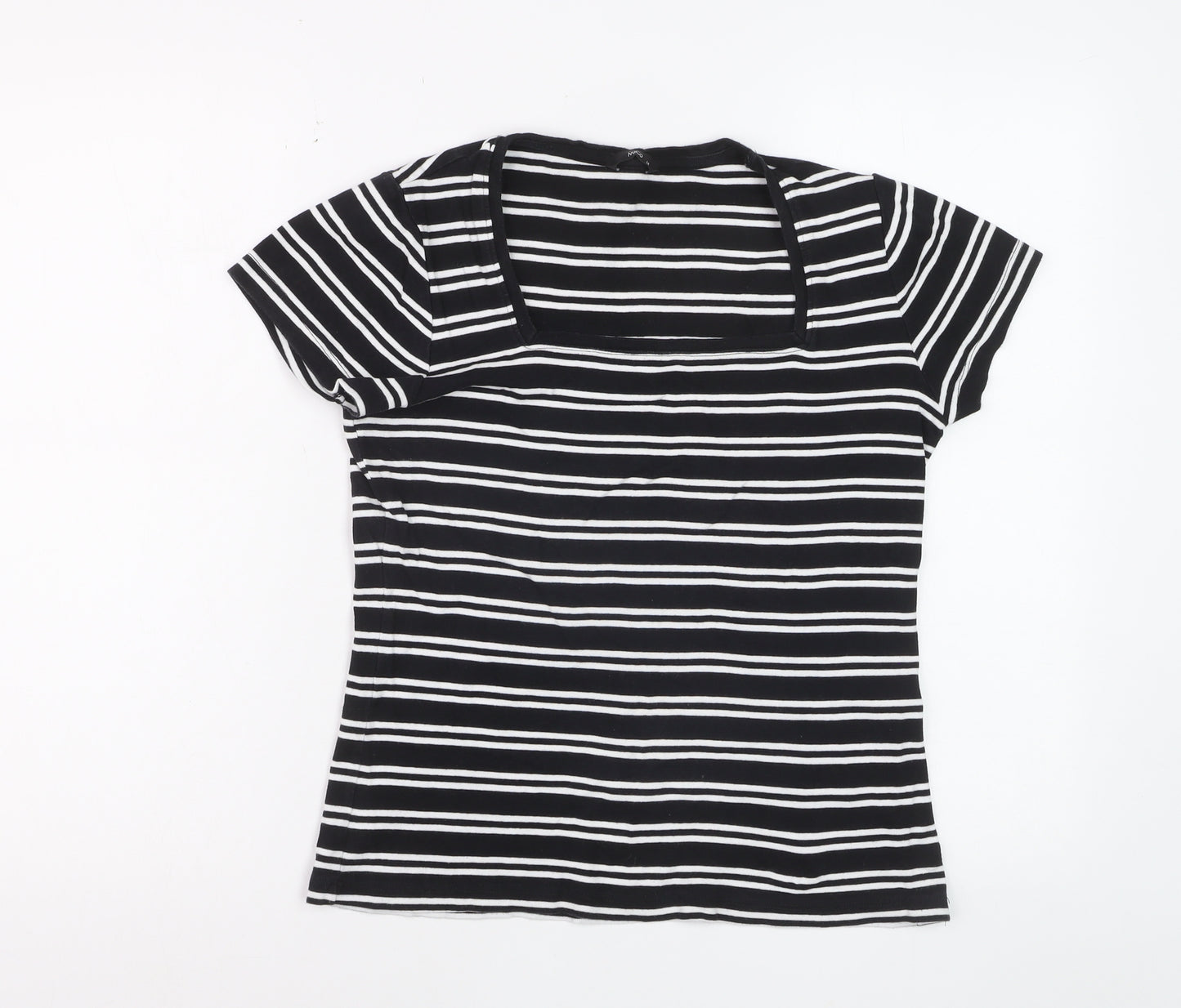 M&Co Womens Black Striped Cotton Short Sleeve T-Shirt Size 14