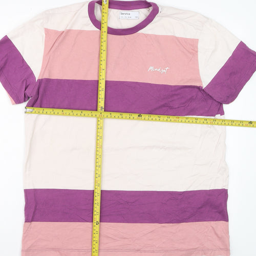 Bershka Women’s Multicoloured Striped Cotton Crew Neck T-Shirt L