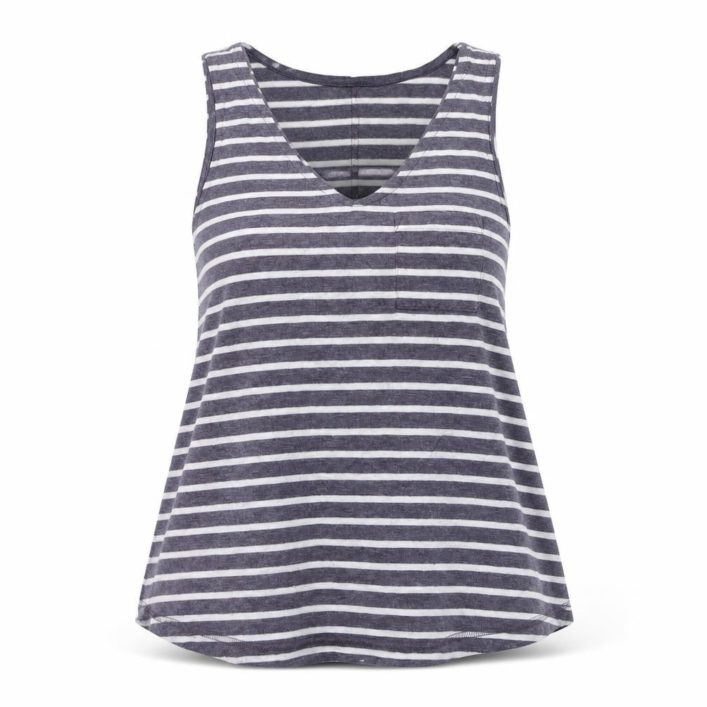 Front view of Next women’s grey striped tank top, size UK 12, v-neck jersey