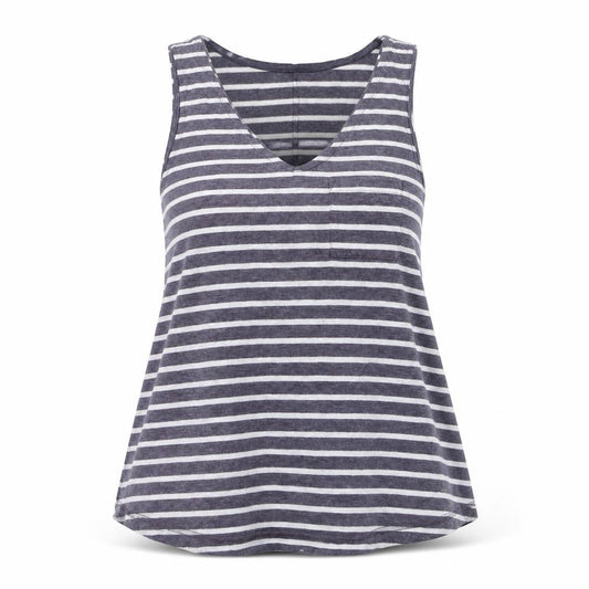 Front view of Next women’s grey striped tank top, size UK 12, v-neck jersey