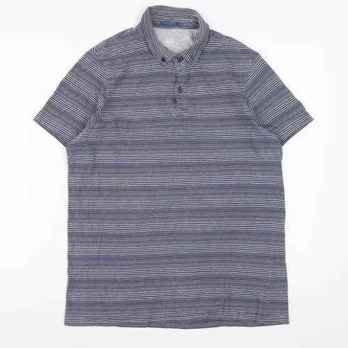 John Lewis Men Blue Striped Short Sleeve Cotton Polo Shirt M