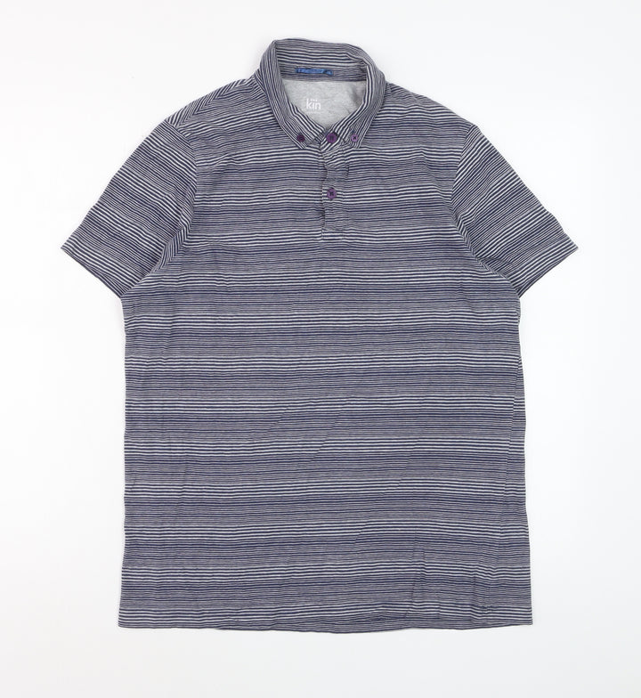 John Lewis Men Blue Striped Short Sleeve Cotton Polo Shirt M