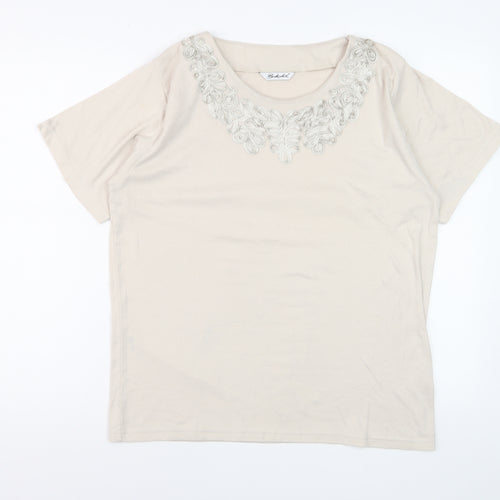 Berkertex Women Beige Embroidered Short Sleeve T-Shirt Size 16