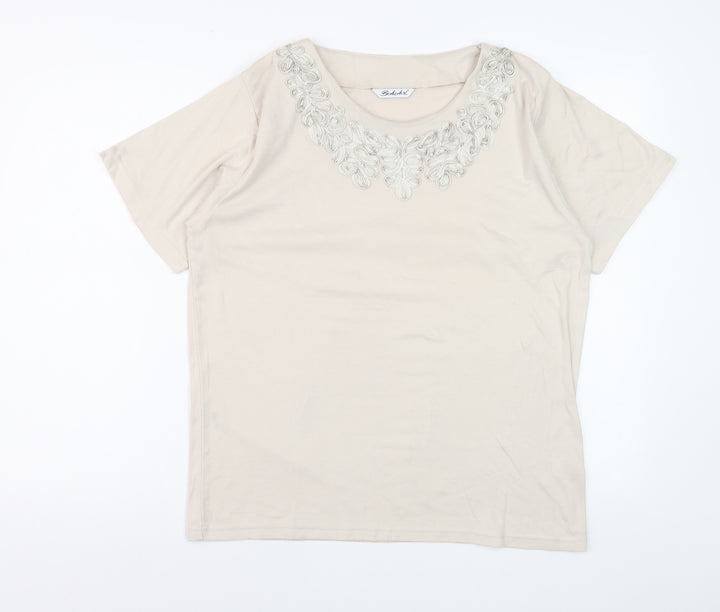 Berkertex Women Beige Embroidered Short Sleeve T-Shirt Size 16
