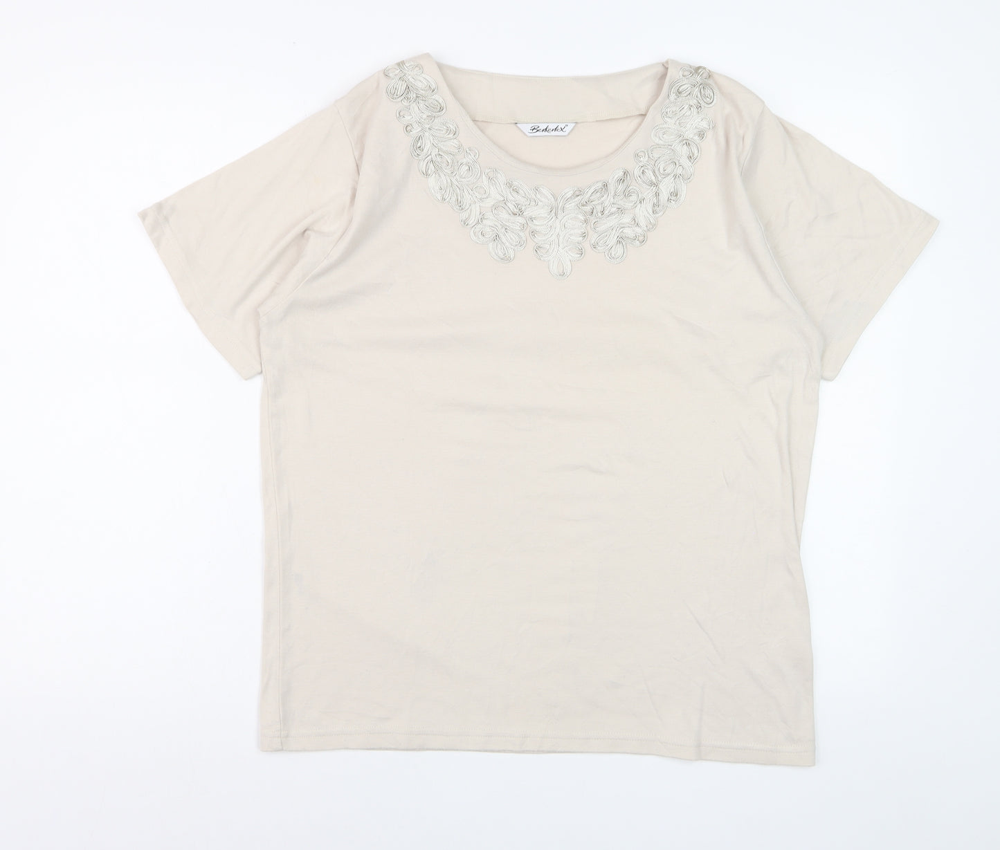 Berkertex Women Beige Embroidered Short Sleeve T-Shirt Size 16