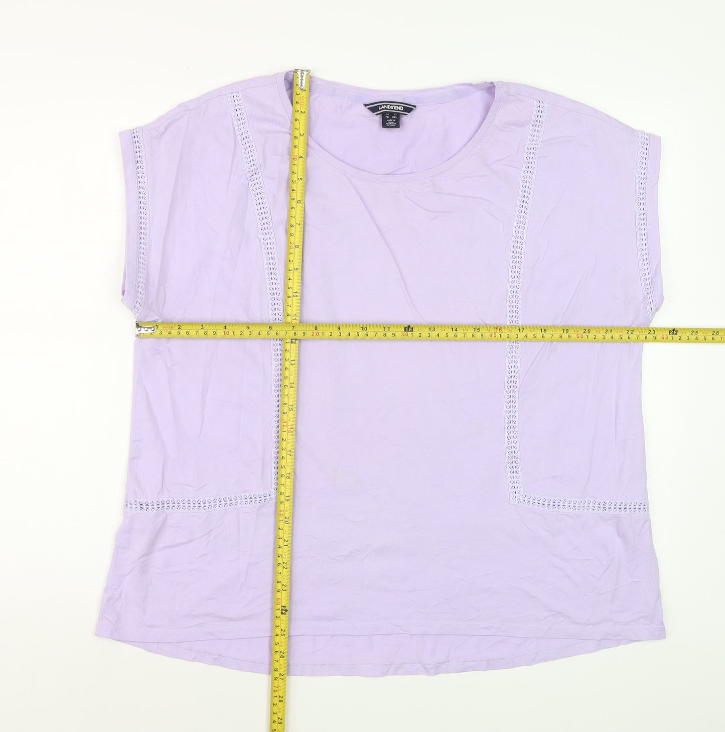 Lands' End Women's Purple Cotton Crochet Trim T-Shirt XL