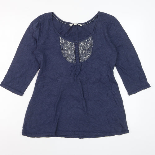 Fat Face Womens Navy Blue Cotton Tunic Blouse Size 14 Embroidered 3/4 Sleeve