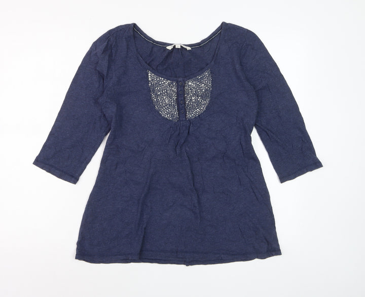 Fat Face Womens Navy Blue Cotton Tunic Blouse Size 14 Embroidered 3/4 Sleeve