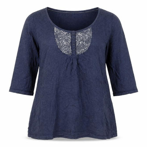 FatFace Womens Navy Blue Cotton Tunic Blouse Size 14 Embroidered 3/4 Sleeve