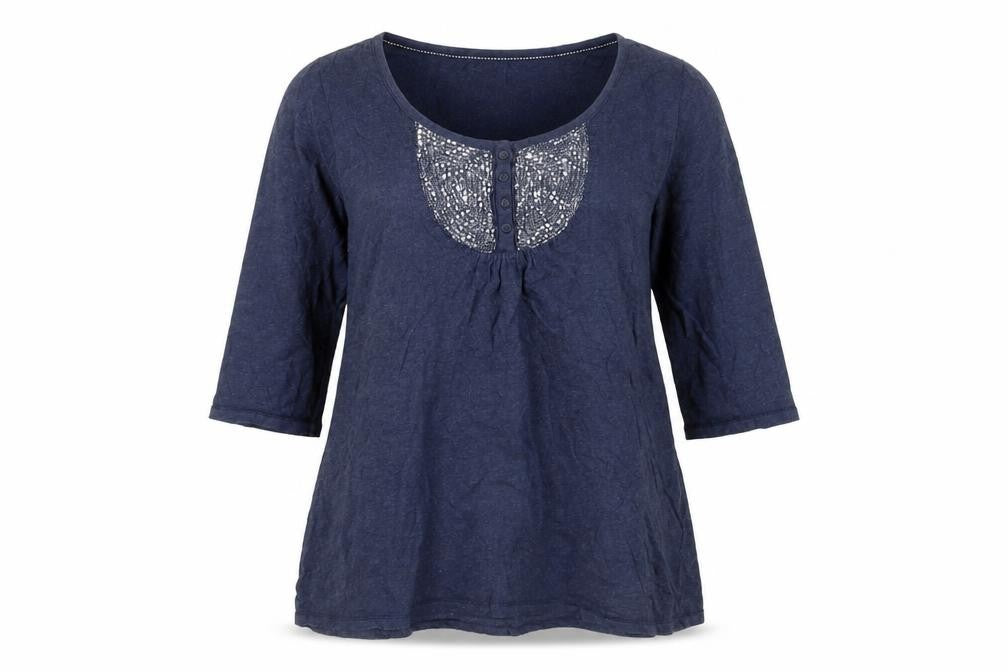 FatFace Womens Navy Blue Cotton Tunic Blouse Size 14 Embroidered 3/4 Sleeve