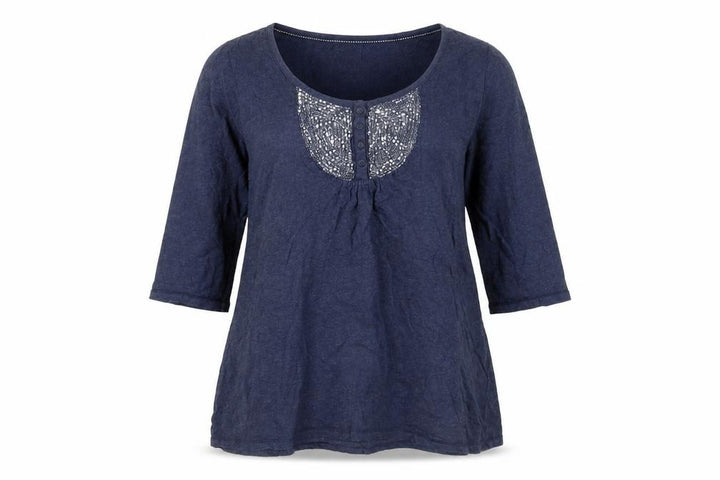 FatFace Womens Navy Blue Cotton Tunic Blouse Size 14 Embroidered 3/4 Sleeve