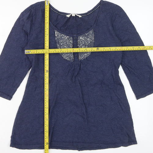 Fat Face Womens Navy Blue Cotton Tunic Blouse Size 14 Embroidered 3/4 Sleeve