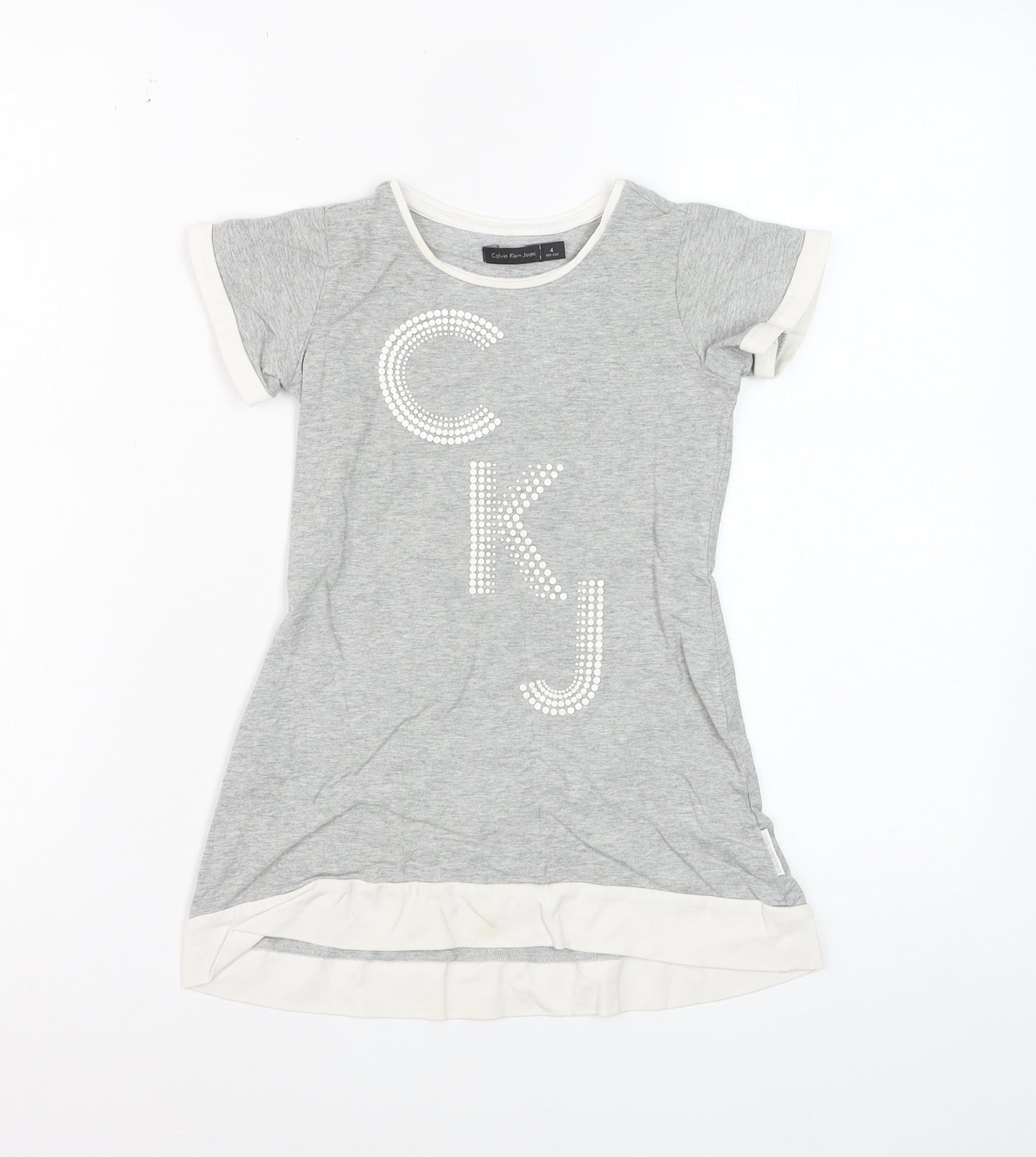Calvin Klein Jeans Teens Grey Rhinestone CKJ Cotton T-Shirt Size 4