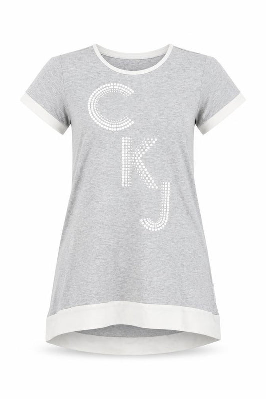 Front view of Calvin Klein Jeans Teens Grey Rhinestone CKJ Cotton T-Shirt, size 4