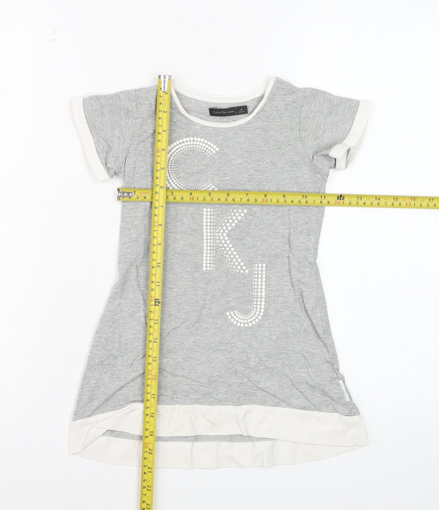 Calvin Klein Jeans Teens Grey Rhinestone CKJ Cotton T-Shirt Size 4
